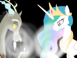 Size: 3832x2892 | Tagged: safe, discord, princess celestia, g4, black background, female, high res, light, male, ship:dislestia, shipping, simple background, straight, yin-yang