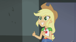 Size: 1920x1080 | Tagged: safe, screencap, applejack, equestria girls, equestria girls series, fluttershy's butterflies, g4, applejack's shirt with a collar, belt, clothes, collar, collar shirt, cowboy hat, denim, denim skirt, female, fluttershy's butterflies: applejack, freckles, grin, hair, happy, hat, ponytail, shirt, shirt with a collar, simple background, skirt, smiling, solo, t-shirt, teenager, thumbs up
