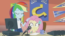 Size: 1920x1080 | Tagged: safe, screencap, fluttershy, rainbow dash, equestria girls, fluttershy's butterflies, fluttershy's butterflies: rainbow dash, g4, my little pony equestria girls: better together, coffee mug, computer, female, geode of fauna, magical geodes, microphone, monitor, mug, shipping fuel