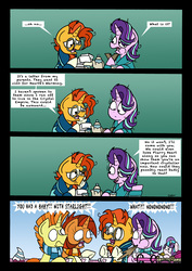 Size: 2480x3507 | Tagged: safe, artist:bobthedalek, princess flurry heart, starlight glimmer, stellar flare, sunburst, sunspot (g4), alicorn, pony, unicorn, g4, baby carriage, bathrobe, bed mane, bread, breakfast, clothes, comic, didn't think this through, father and son, female, food, high res, hilarious in hindsight, implied starburst, male, messy mane, misunderstanding, mother and son, robe, scarf, spit take, tempting fate, toast, what could possibly go wrong