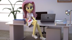 Size: 3840x2160 | Tagged: safe, artist:efk-san, fluttershy, equestria girls, g4, 3d, bedroom eyes, blender, book, clothes, computer, crossed legs, cute, female, flutternurse, high res, lamp, laptop computer, looking at you, nurse, shyabetes, solo, window