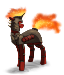 Size: 852x1005 | Tagged: safe, artist:scarletsfeed, oc, oc only, oc:carnage, pony, unicorn, fallout equestria, fallout equestria: child of the stars, armor, evil, fallout, fire, male, solo, stallion