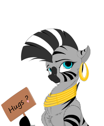 Size: 1024x1229 | Tagged: safe, artist:heathfiedler, artist:skitsroom, color edit, edit, zecora, zebra, g4, bronybait, colored, cute, ear piercing, earring, female, fluffy, free hugs, hug request, jewelry, looking at you, piercing, sign, simple background, solo, white background, zecorable