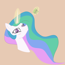 Size: 1748x1746 | Tagged: safe, artist:ononim, princess celestia, alicorn, pony, g4, blushing, bronybait, bust, christmas, female, holiday, lidded eyes, looking at you, magic, mare, missing accessory, mistletoe, portrait, simple background, smiling, solo, tan background, this will end in kisses