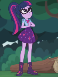 Size: 1536x2048 | Tagged: safe, screencap, sci-twi, twilight sparkle, equestria girls, g4, my little pony equestria girls: better together, stressed in show, stressed in show: fluttershy, boots, bowtie, cute, female, glasses, log, mud, muddy, shoes, solo