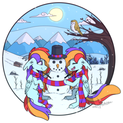 Size: 1751x1748 | Tagged: safe, artist:celiaurore, oc, oc only, oc:sunrise stratus, oc:sunset stratus, clothes, hat, mountain, mountain range, rainbow hair, scarf, shared clothing, shared scarf, simple background, snow, snowman, stratus twins, top hat, transparent background, tree, twins, winter