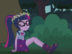 Size: 2048x1536 | Tagged: safe, screencap, harry, sci-twi, twilight sparkle, equestria girls, g4, my little pony equestria girls: better together, stressed in show, stressed in show: fluttershy, boots, eyes closed, floral head wreath, flower, glasses, mud, muddy, shoes, sleeping, solo