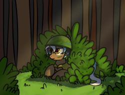 Size: 1669x1274 | Tagged: safe, artist:neuro, oc, oc only, oc:frosty hooves, pony, bush, camouflage, cute, forest, helmet, solo