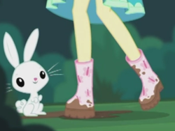 Size: 2048x1536 | Tagged: safe, angel bunny, fluttershy, butterfly, equestria girls, g4, my little pony equestria girls: better together, stressed in show, stressed in show: fluttershy, boots, legs, mud, muddy, pictures of legs, raised leg, shoes