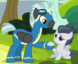 Size: 1153x953 | Tagged: safe, screencap, rumble, thunderlane, pegasus, pony, g4, marks and recreation, brotherhood, brothers, colt, cropped, family, happy, holding hooves, male, sad