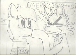 Size: 2338x1700 | Tagged: safe, artist:2tailedderpy, oc, oc only, oc:cover story, oc:two-tailed derpy, earth pony, fox, fox pony, hybrid, original species, pony, anime, boop, chest fluff, christmas sweater, clothes, ear fluff, hearth's warming, sketch, sweater, traditional art
