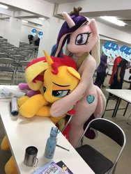 Size: 3024x4032 | Tagged: safe, party favor, princess cadance, sunset shimmer, human, unicorn, g4, butt wings, comforting, exploitable meme, fursuit, hug, i didn't listen, irl, irl human, japan ponycon, meme, photo, plushie, ponysuit, sad, wings