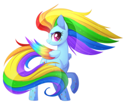 Size: 1024x845 | Tagged: safe, artist:scarlet-spectrum, rainbow dash, pegasus, pony, g4, colored wings, female, long mane, long tail, looking at you, mare, multicolored wings, rainbow power, rainbow wings, raised hoof, simple background, solo, tail, transparent background, wings