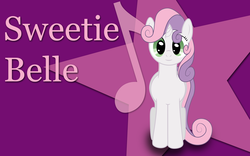 Size: 1920x1200 | Tagged: safe, artist:mfg637, sweetie belle, pony, unicorn, g4, 16:10, 1920x1200, caption, female, filly, foal, front view, looking at you, music notes, purple background, simple background, smiling, solo, standing, stars, vector, wallpaper