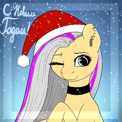 Size: 3000x3000 | Tagged: safe, artist:deltahedgehog, oc, oc only, oc:rachie starline, pony, christmas, cyrillic, female, hat, high res, holiday, mare, one eye closed, russian, santa hat, smiling, snow, snowfall, solo, wink