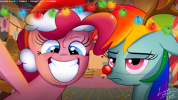 Size: 1280x720 | Tagged: safe, artist:lennonblack, pinkie pie, rainbow dash, g4, antlers, christmas, christmas lights, floppy ears, grin, hat, holiday, photo, rainbow dash is not amused, red nose, reindeer antlers, reindeer dash, rudolph dash, santa hat, selfie, signature, smiling, unamused