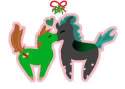Size: 557x397 | Tagged: safe, artist:tartsarts, oc, oc only, oc:somnus, oc:wanderer, changeling, earth pony, pony, kissing, mistletoe, present