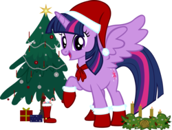 Size: 4821x3647 | Tagged: safe, artist:ironm17, twilight sparkle, alicorn, pony, g4, advent wreath, christmas, christmas tree, clothes, female, happy, hat, holiday, looking at you, present, santa boots, santa hat, simple background, solo, transparent background, tree, twilight sparkle (alicorn), vector