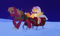 Size: 5628x3430 | Tagged: safe, artist:carnifex, big macintosh, fluttershy, earth pony, pegasus, pony, g4, cute, duo, eyes closed, female, freckles, lantern, looking back, male, mare, night, open mouth, ship:fluttermac, shipping, shyabetes, singing, sled, smiling, snow, stallion, straight