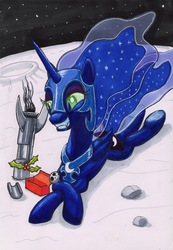 Size: 2327x3371 | Tagged: safe, artist:bbqninja501st, nightmare moon, alicorn, pony, g4, box, female, grin, high res, holly, moon, prone, rocket, smiling, solo, space, traditional art