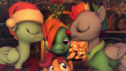 Size: 3840x2160 | Tagged: safe, artist:dj-chopin, bow hothoof, fluttershy, rainbow dash, scootaloo, windy whistles, pegasus, pony, g4, 3d, christmas, clothes, eyes closed, family, female, filly, fireplace, fluttermaid, hat, high res, holiday, maid, male, mare, mistletoe, picture, santa hat, smiling, source filmmaker, stallion, unamused