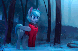 Size: 850x563 | Tagged: safe, artist:rodrigues404, oc, oc only, oc:falling skies, pegasus, pony, animated, blinking, cinemagraph, clothes, coat, female, mare, scenery, smiling, snow, snowfall, solo, tree