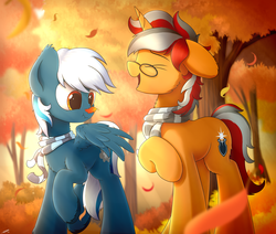 Size: 3364x2852 | Tagged: safe, artist:avastin4, oc, oc only, oc:sentinel shield, oc:snowy silvercast, pegasus, pony, unicorn, autumn, clothes, duo, forest, glasses, high res, leaves, male, request, scarf, stallion, sunlight, tree, unshorn fetlocks, walking