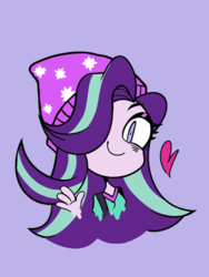 Size: 768x1024 | Tagged: safe, anonymous artist, starlight glimmer, equestria girls, g4, beanie, bust, collaboration, female, hair over one eye, hat, heart, looking at you, purple background, simple background, smiling, solo, waving