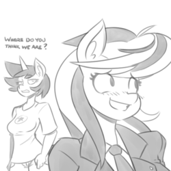 Size: 500x500 | Tagged: source needed, safe, artist:reiduran, oc, oc only, oc:corona flare, oc:ostria chime, anthro, clothes, dialogue, ear fluff, female, grayscale, meme, monochrome, necktie, scrubs, smiling, where do you think we are