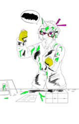 Size: 1555x2450 | Tagged: safe, artist:splint, oc, oc only, oc:doctor blue horizon, goo, anthro, annoyed, bunsen burner, clothes, explosion, failed experiment, frown, glare, gloves, goop, lab coat, latex, latex gloves, partial color, pictogram, soot, test tube
