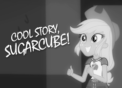 Size: 992x720 | Tagged: safe, edit, edited screencap, screencap, applejack, equestria girls, equestria girls series, fluttershy's butterflies, g4, black and white, cool story bro, cute, female, fluttershy's butterflies: applejack, forum weapon, geode of super strength, grayscale, grin, magical geodes, meme, monochrome, smiling, solo, squee, sugarcube, thumbs up