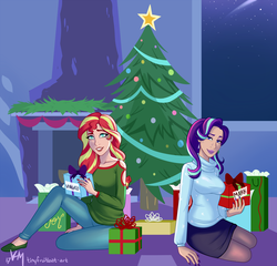 Size: 1600x1535 | Tagged: safe, artist:emberfan11, starlight glimmer, sunset shimmer, human, g4, christmas, christmas tree, clothes, commission, ear piercing, earring, female, holiday, humanized, jewelry, lipstick, nail polish, piercing, present, socks, stockings, sweater, thigh highs, tree