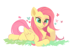Size: 2625x1729 | Tagged: safe, artist:lispp, fluttershy, butterfly, pegasus, pony, g4, butterfly on nose, chest fluff, cute, female, insect on nose, lying down, mare, prone, shyabetes, simple background, solo, white background