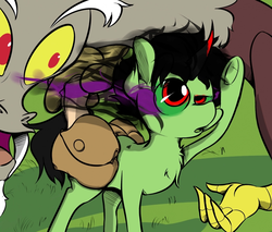 Size: 1023x872 | Tagged: safe, artist:bunny, discord, oc, oc:anon, oc:colt anon, draconequus, earth pony, pony, g4, bag, colt, earth pony oc, fanfic, fanfic art, grass, looking up, male, ponified, saddle bag, sombra eyes