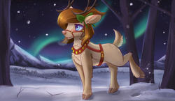 Size: 9652x5588 | Tagged: safe, artist:ardail, oc, oc only, deer, reindeer, absurd resolution, aurora borealis, female, harness, night, open mouth, scenery, snow, snowfall, solo, stars, tack, tree