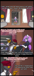 Size: 338x750 | Tagged: safe, artist:darkestmbongo, oc, oc only, oc:d.d, unnamed oc, earth pony, griffon, pony, ask ddthemaid, comic:ddthemaid memories, clothes, comic, counter, curtains, dialogue, dress, female, pigtails, shelves, skirt