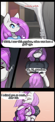Size: 864x1920 | Tagged: safe, artist:darkestmbongo, oc, oc only, oc:d.d, unnamed oc, earth pony, pony, ask ddthemaid, comic:ddthemaid memories, amputee, arm hooves, boop, choking, clothes, comic, dialogue, dress, female, hug, intimidating, missing arm, skirt, stump, sweat, sweatdrop