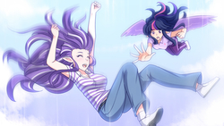 Size: 1280x720 | Tagged: safe, artist:jonfawkes, twilight sparkle, twilight velvet, human, g4, belt, clothes, commission, elf ears, eyes closed, falling, female, freefall, humanized, mother and daughter, open mouth, pants, reaching, shoes, socks, unicorns as elves, winged humanization, wings