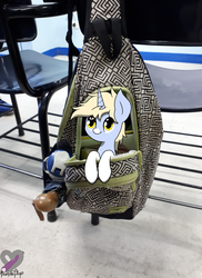 Size: 2892x3972 | Tagged: safe, artist:php142, oc, oc only, oc:nootaz, pony, bag, cute, female, freckles, high res, irl, looking up, photo, pony in a bag, school, solo