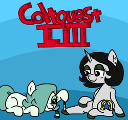 Size: 640x600 | Tagged: safe, artist:ficficponyfic, oc, oc only, oc:emerald jewel, oc:joyride, earth pony, pony, unicorn, colt quest, blank flank, child, color, colt, concentrating, cute, cutie mark, cyoa, ear piercing, eyeshadow, female, femboy, foal, hair over one eye, hoof polish, makeup, male, mare, nail polish, omega, piercing, smiling, stars, story included, title, title card, toenail polish, trap