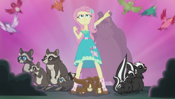 Size: 1920x1080 | Tagged: safe, screencap, fluttershy, bear, bird, butterfly, raccoon, skunk, songbird, squirrel, equestria girls, g4, my little pony equestria girls: better together, stressed in show, stressed in show: fluttershy, animal, boots, female, geode of fauna, mud, muddy, shoes