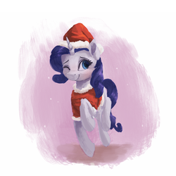 Size: 1900x1900 | Tagged: safe, artist:vanillaghosties, rarity, pony, unicorn, g4, christmas, clothes, female, hat, holiday, mare, one eye closed, santa hat, smiling, solo, wink