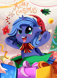 Size: 2550x3509 | Tagged: safe, artist:pridark, princess luna, alicorn, pony, g4, blushing, candy, candy cane, christmas, christmas tree, cute, daaaaaaaaaaaw, female, filly, food, high res, hnnng, holiday, lunabetes, mare, merry christmas, open mouth, present, pridark is trying to murder us, smiling, solo, tree, underhoof, woona, younger