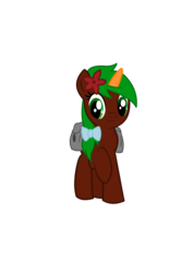 Size: 1300x1827 | Tagged: safe, artist:succubi samus, oc, oc only, oc:razor blade, pony, 2018 community collab, derpibooru community collaboration, colored horn, flower, flower in hair, hair bow, hoof in air, horn, saddle bag, simple background, smiling, solo, transparent background