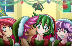 Size: 1600x1030 | Tagged: safe, artist:mauroz, apple bloom, scootaloo, spike, sweetie belle, human, g4, christmas, christmas lights, christmas tree, clothes, cutie mark crusaders, eyes closed, female, hat, holiday, holly, holly mistaken for mistletoe, humanized, kissing, male, merry christmas, mistleholly, santa hat, ship:scootaspike, shipping, straight, sweat, tree