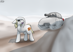 Size: 2544x1824 | Tagged: safe, artist:the-furry-railfan, oc, oc only, oc:parchment bleach, earth pony, pony, cannon, dirt road, glasses, inflatable, looking up, maus, snow, story included, tank (vehicle), this will end in tears and/or death, this will not end well