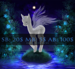 Size: 1000x928 | Tagged: safe, artist:elzafox, oc, oc only, earth pony, pegasus, pony, unicorn, commission, flower, midnight, night, shy, solo, spread wings, water, wings, your character here