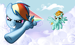 Size: 5000x3000 | Tagged: safe, artist:zantyarz, lightning dust, rainbow dash, pegasus, pony, g4, determined, determined look, duo, female, flying, grin, high res, mare, rainbow trail, smiling