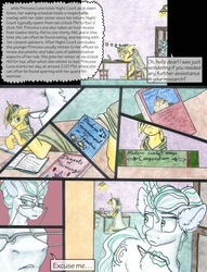 Size: 1950x2550 | Tagged: safe, artist:tillie-tmb, oc, oc only, oc:moonlight sigil, oc:tempest, pony, unicorn, comic:the amulet of shades, book, comic, female, glasses, magic, mare, traditional art