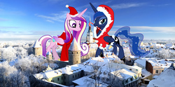 Size: 2693x1350 | Tagged: safe, artist:sakatagintoki117, artist:theotterpony, artist:up1ter, princess cadance, princess luna, pony, g4, candy, candy cane, christmas, clothes, estonia, food, giant pony, hat, highrise ponies, holiday, irl, macro, mega cadance, mega luna, photo, ponies in real life, santa hat, story included, tallinn, town